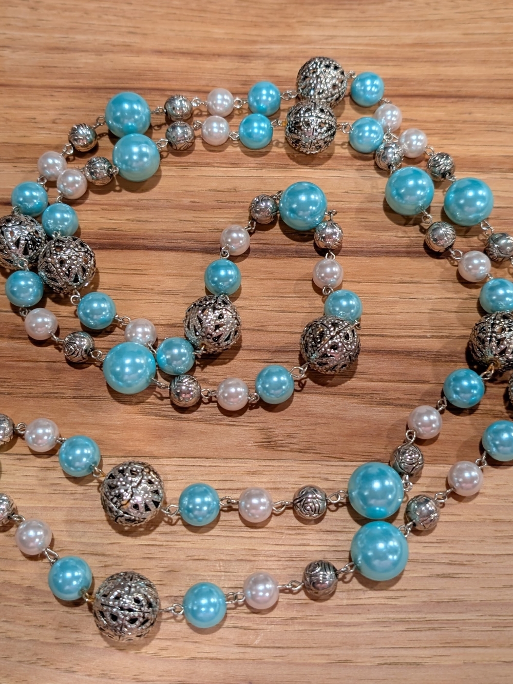 Turquoise Pearl & Filigree Bead Necklace